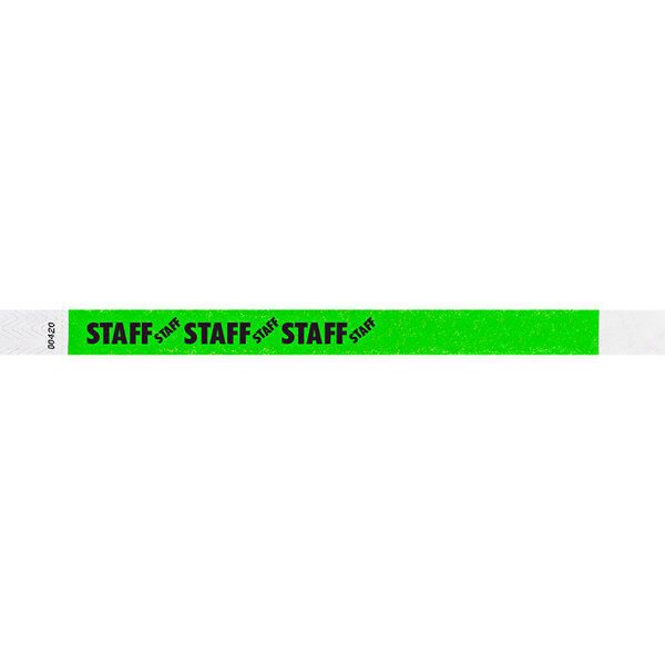 A neon green wristband with the word "STAFF" in black.