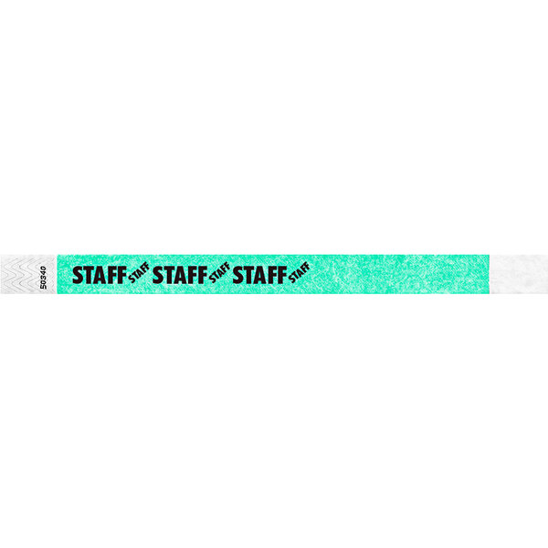 A green and black Carnival King Tyvek wristband with the word "STAFF" in black.