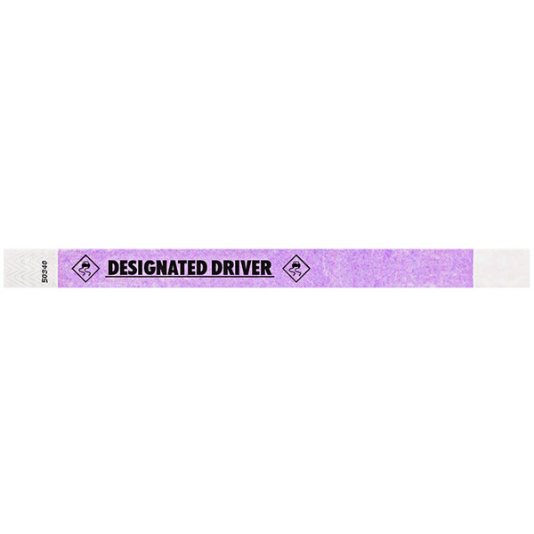 A light purple wristband with "DESIGNATED DRIVER" in white text.