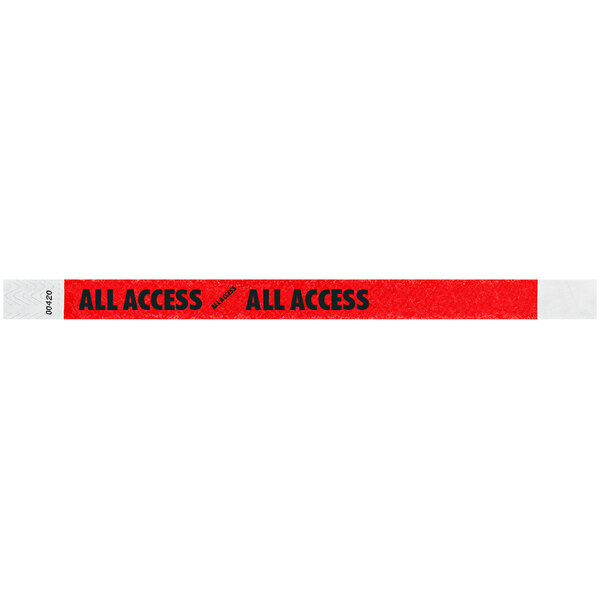 A red wristband with a white strip and black text reading "ALL ACCESS"