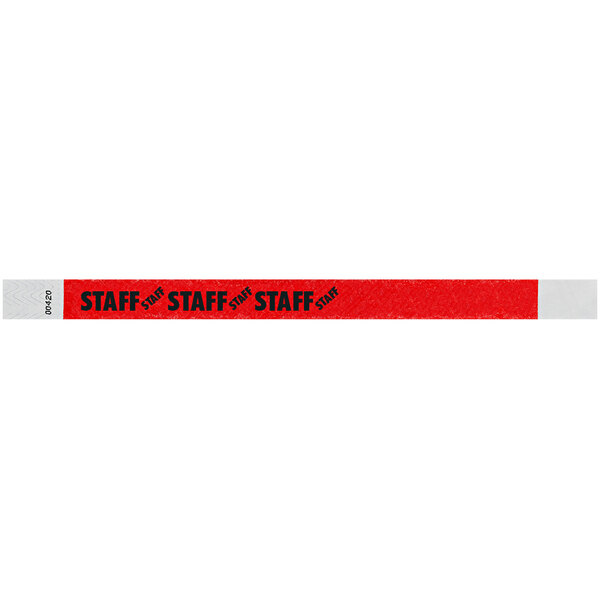 A red wristband with the word "STAFF" in black.