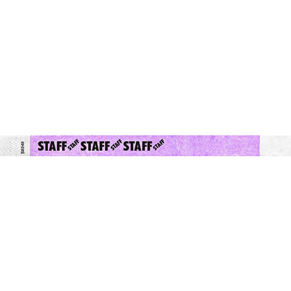A light purple wristband with black text reading "STAFF" and a purple border.