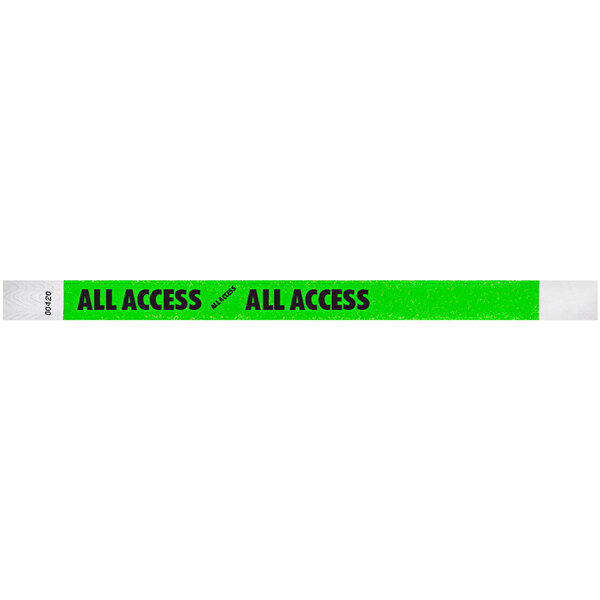 A neon green wristband with black text that says "ALL ACCESS"