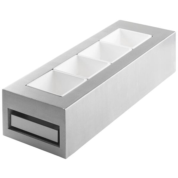 A brushed aluminum Tablecraft cooling station with four white inserts.