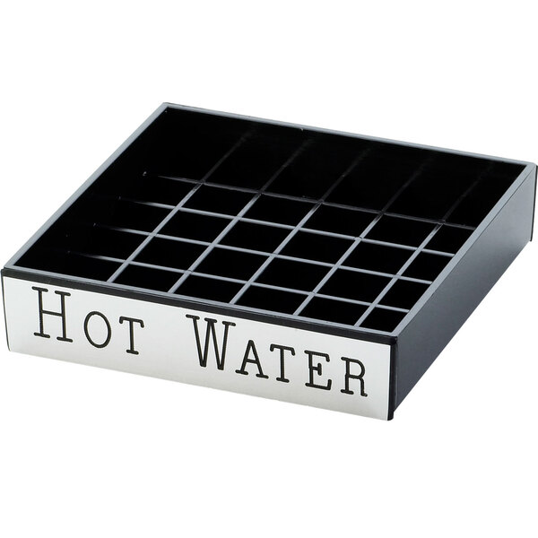 A silver Cal-Mil drip tray with black and white engraved letters that say "Hot Water"