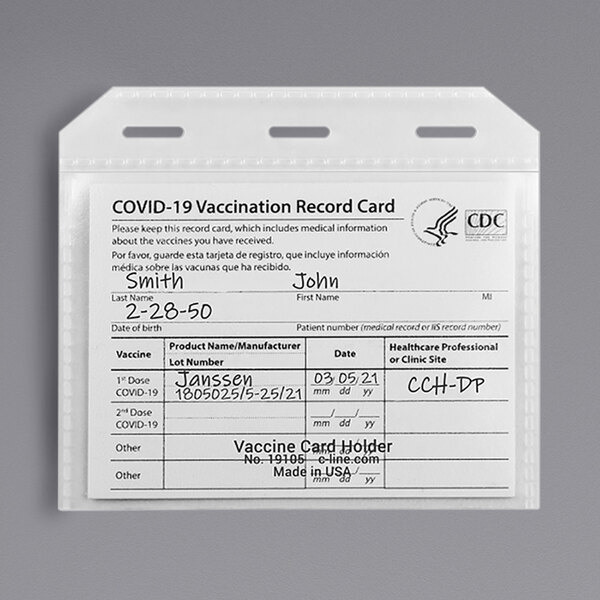 A clear plastic holder for a white COVID-19 vaccination record card with black text.