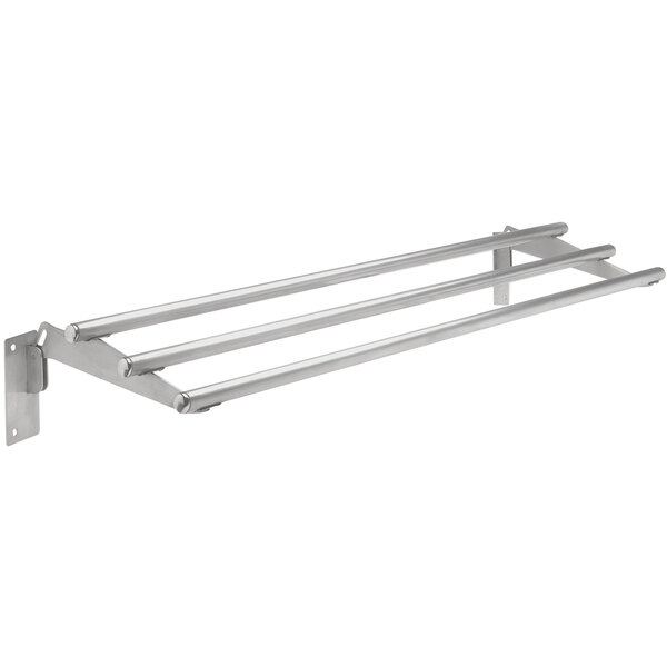 A stainless steel metal tray slide with three drop-down brackets and metal bars.