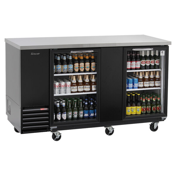 A Turbo Air black 72-inch glass door back bar refrigerator with bottles of beer inside.