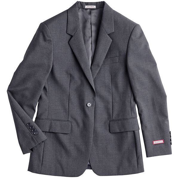 A Henry Segal women's gray suit jacket with a red button.