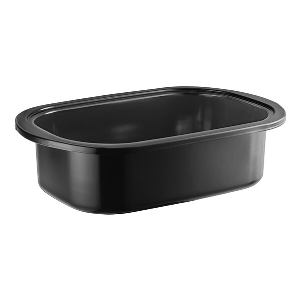 An Avantco 18 qt. black rectangular pan with a black rim and lid.