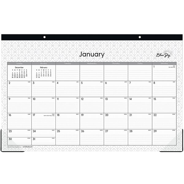 A Blue Sky desk pad calendar with a white background and black and white pattern.