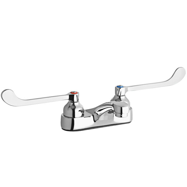 An Elkay chrome deck-mount faucet with 6" wristblade handles.