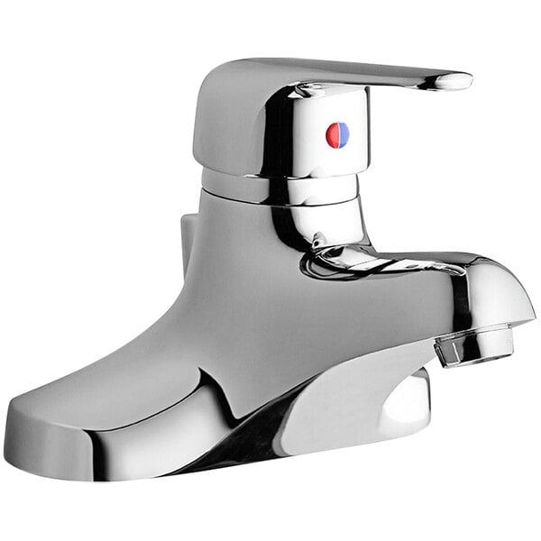 An Elkay chrome deck-mount faucet with silver wristblade handles and red and blue dots.