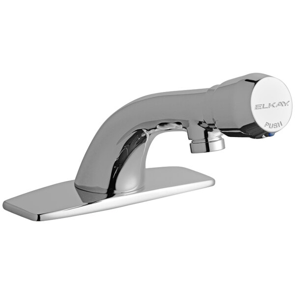 A close-up of an Elkay chrome deck-mount faucet with a push button handle.