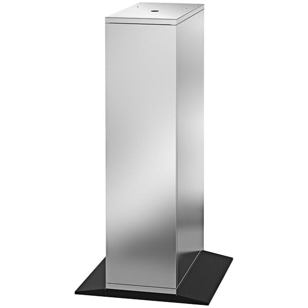 A silver rectangular Elkay water dispenser cabinet on a black base.