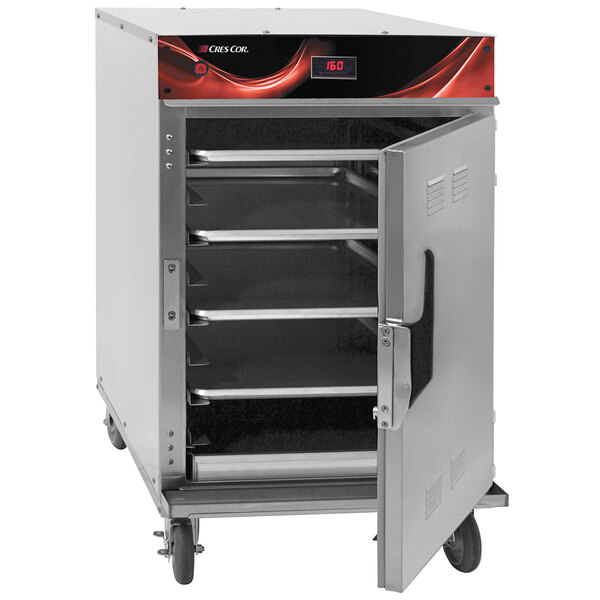A Cres Cor stainless steel pass-through hot cabinet with shelves.