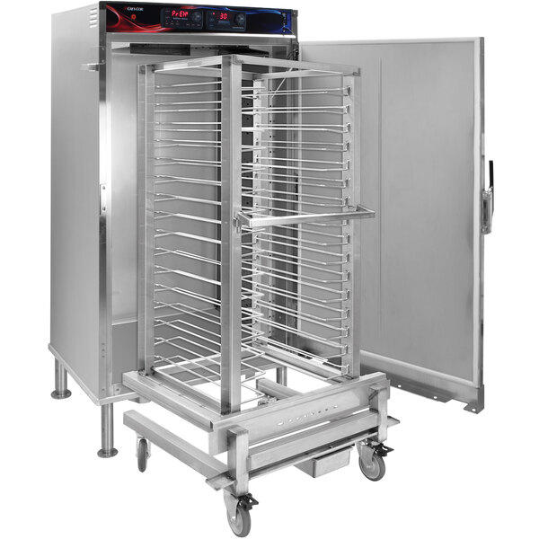 A stainless steel Cres Cor Roll-In AquaTemp Retherm Heat-N-Hold Oven with a Universal Angle Rack and Deluxe Programming.