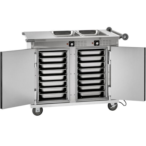 A stainless steel Cres Cor mobile serving cart with two trays inside.