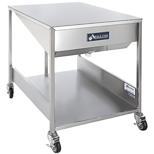 An Avalon Manufacturing stainless steel cart with wheels.