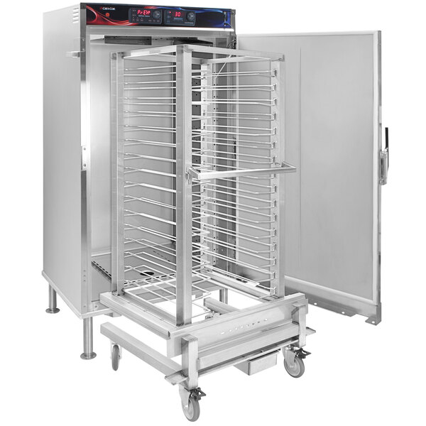A large metal Cres Cor Roll-In AquaTemp Retherm Heat-N-Hold oven with wheels.