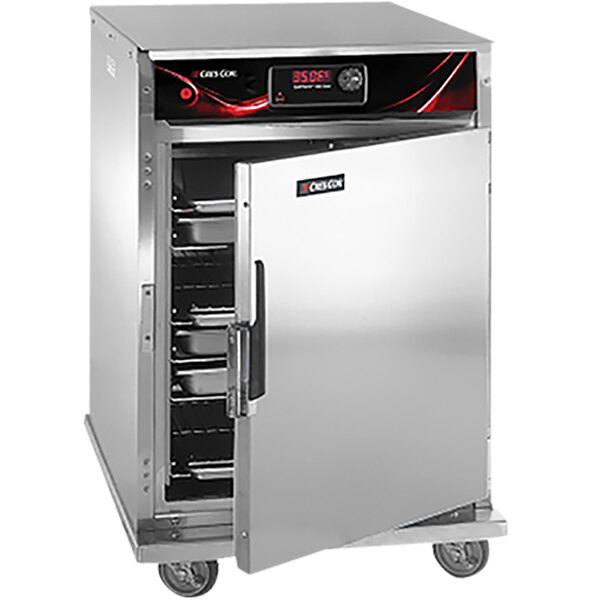 A silver stainless steel Cres Cor QuikTherm 350 oven with a door open.