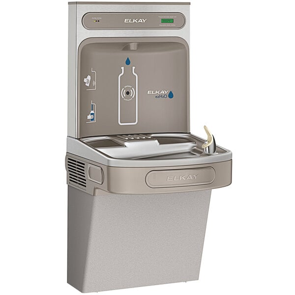 An Elkay light gray hands-free water bottle filling station and drinking fountain.