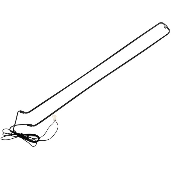A black metal rod with a cord and black and white wire attached.