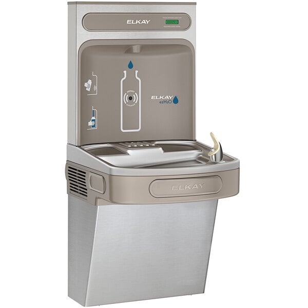 An Elkay stainless steel water bottle filling station on a counter.