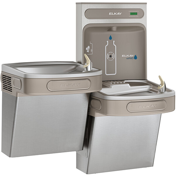 An Elkay stainless steel bi-level water fountain and bottle filling station.