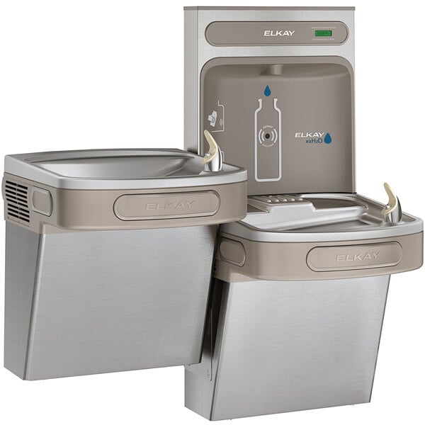 An Elkay stainless steel water fountain with a bottle filler and drinking fountain.