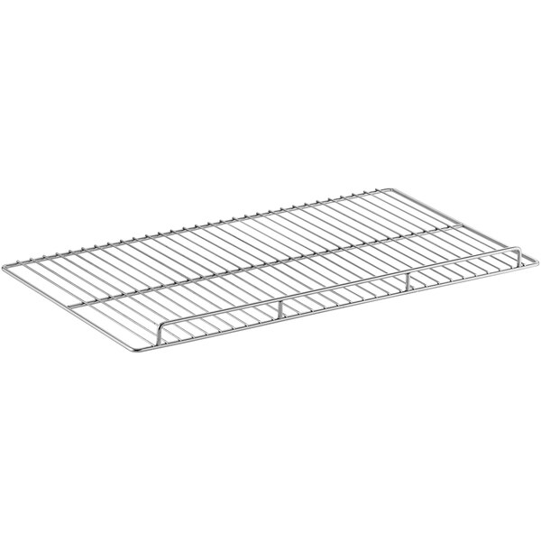 A metal rack with a wire grid on it, the Avantco Lower Shelf for Bakery Display Cases.