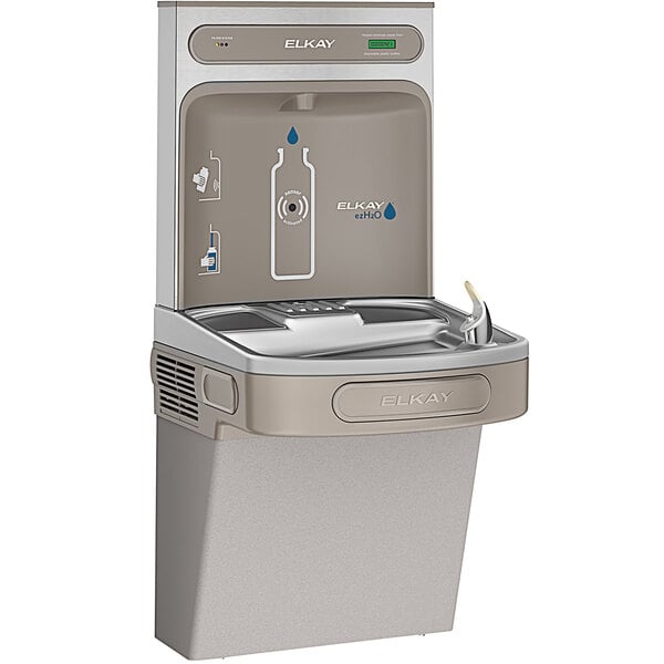 An Elkay light gray water fountain with a bottle filling station and a water bottle on it.