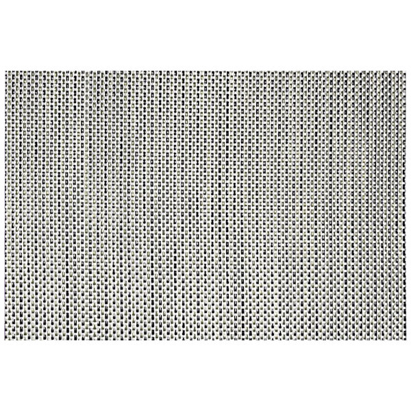 A close-up of a silver woven vinyl rectangle placemat with a basketweave design.