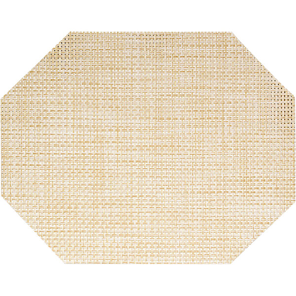 A beige woven vinyl octagon shaped placemat with a basketweave design.