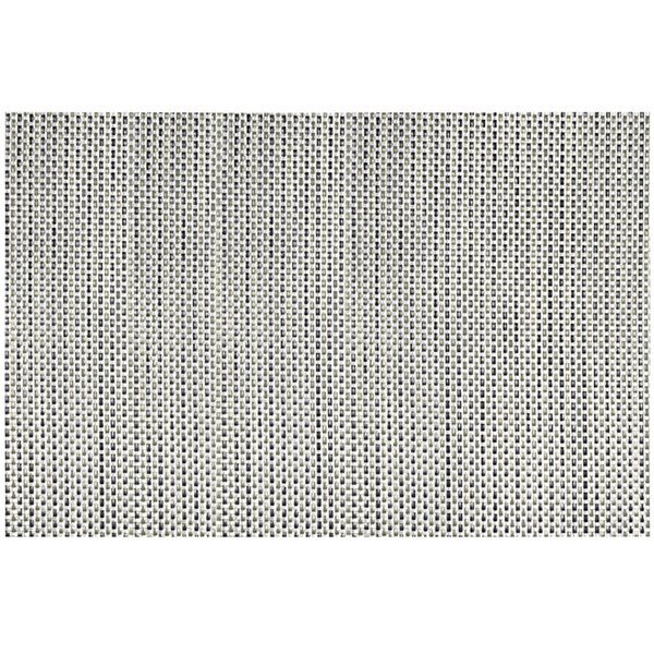 A close-up of a silver woven basketweave placemat with black rectangles on a white background.