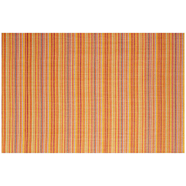 A white woven vinyl placemat with orange and yellow stripes.
