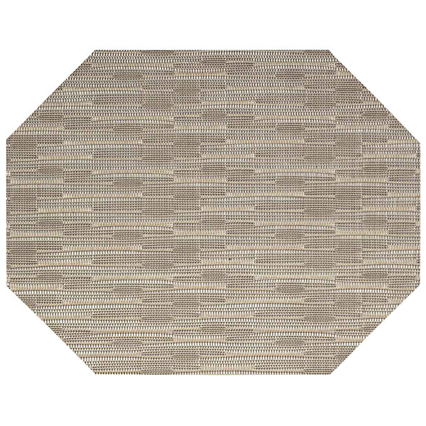 A close-up of a tan rectangular woven vinyl placemat with a pattern.
