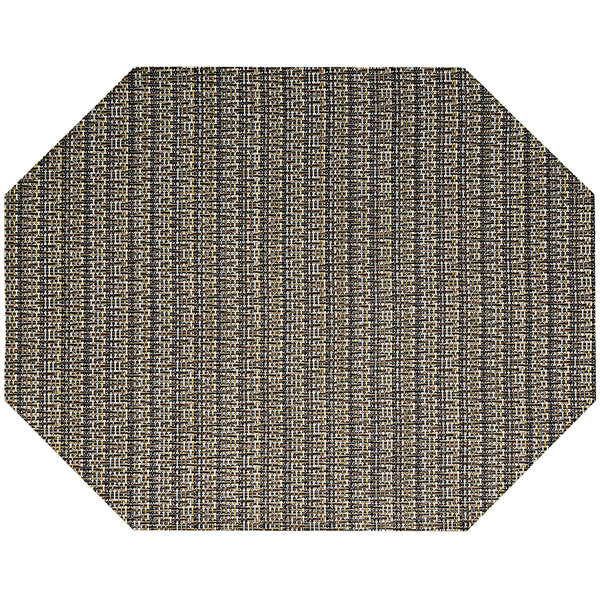 A close-up of a Front of the House Urban Mocha woven vinyl octagon placemat with a brown and black pattern.