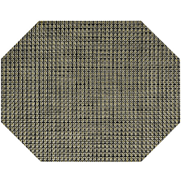 A white hexagon Front of the House Metroweave woven vinyl placemat with a basketweave pattern in olive.