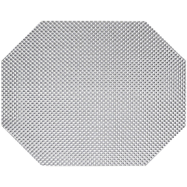 A pewter woven vinyl octagon place mat with a basketweave pattern.