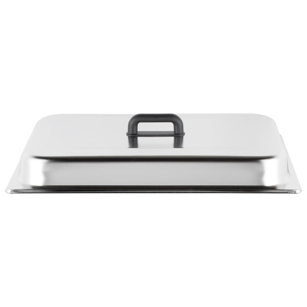 A silver metal Vollrath Dakota chafer lid with a black handle.