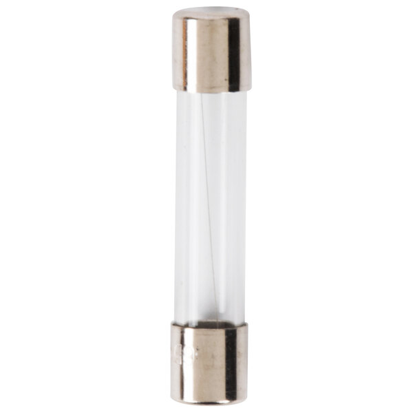 A close-up of a clear glass tube with a metal cap, a white object.