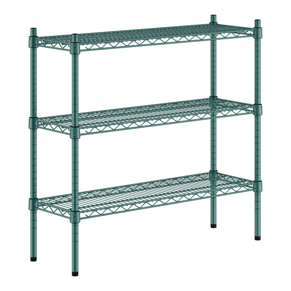 A green metal shelving unit with three shelves.