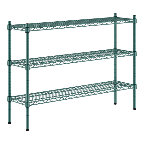 A green metal Regency shelving unit with three shelves and black legs.