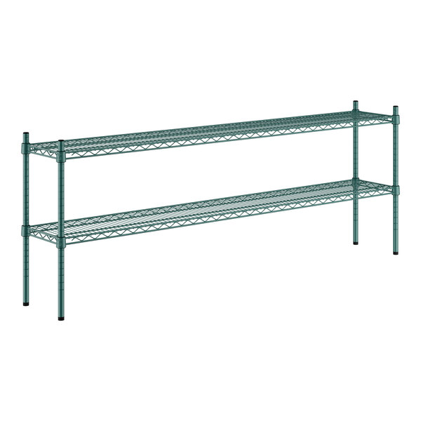 A pair of green metal shelves with metal posts.