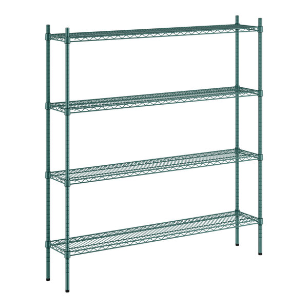 A green rectangular Regency metal shelving unit with four shelves.