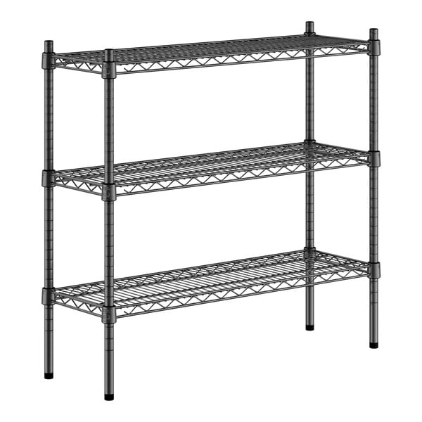 A black metal Regency 3-shelf kit for a metal shelving unit.