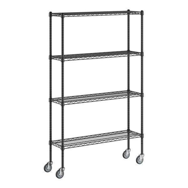 A Regency black wire shelving unit with casters.