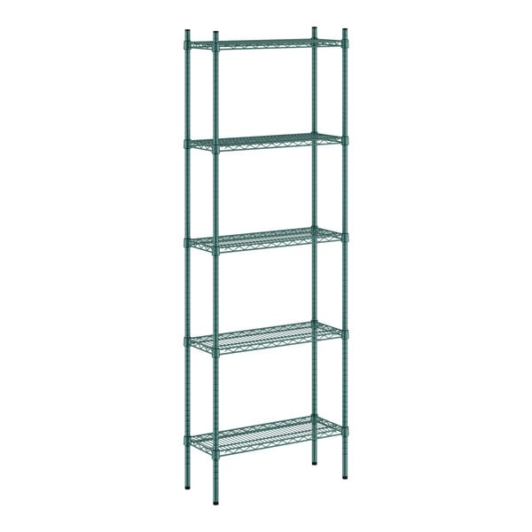 A Regency green metal shelving unit with four shelves.