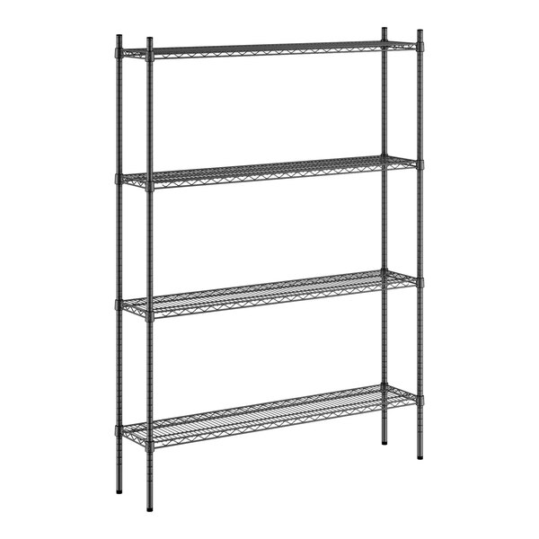 A wireframe of a black metal Regency wire shelving unit with four shelves.